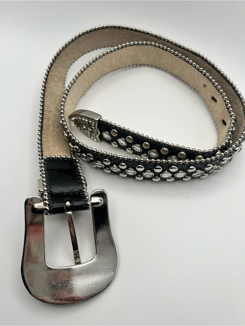 Vintage Y2K Rhinestone Studded Country Western Belt Black Silver Engraved Buckle